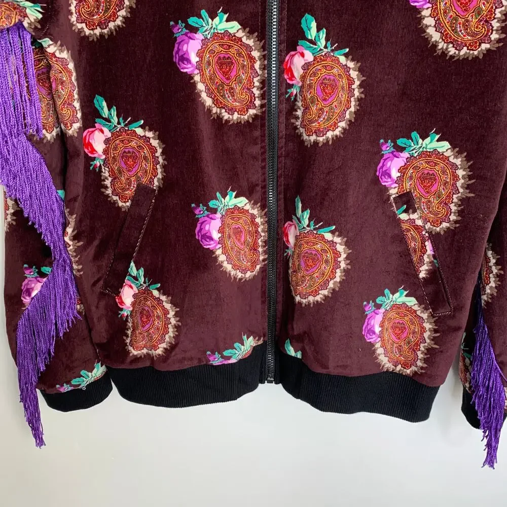 Moon & Nomad Mixed Emotions Velvet Bomber Jacket Burgundy Purple Fringe Medium - Picture 12 of 14